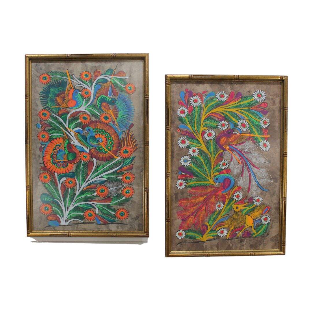 Pair of bird of paradise paintings