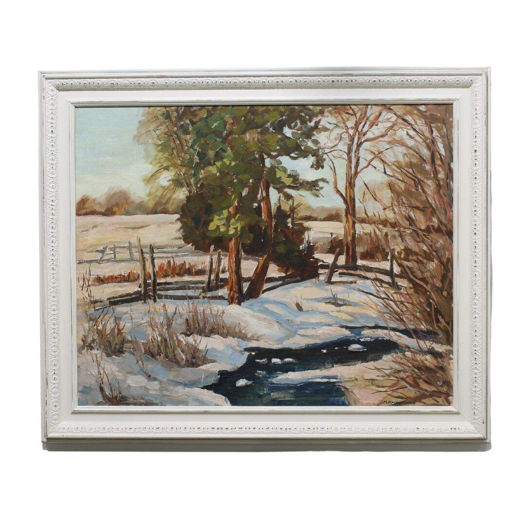 Vintage winter scene with river painting
